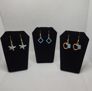 💖⭐🔲 FABULOUS 🔲⭐💖 3 PAIRS OF LIGHT BLUE COLORED EARRINGS